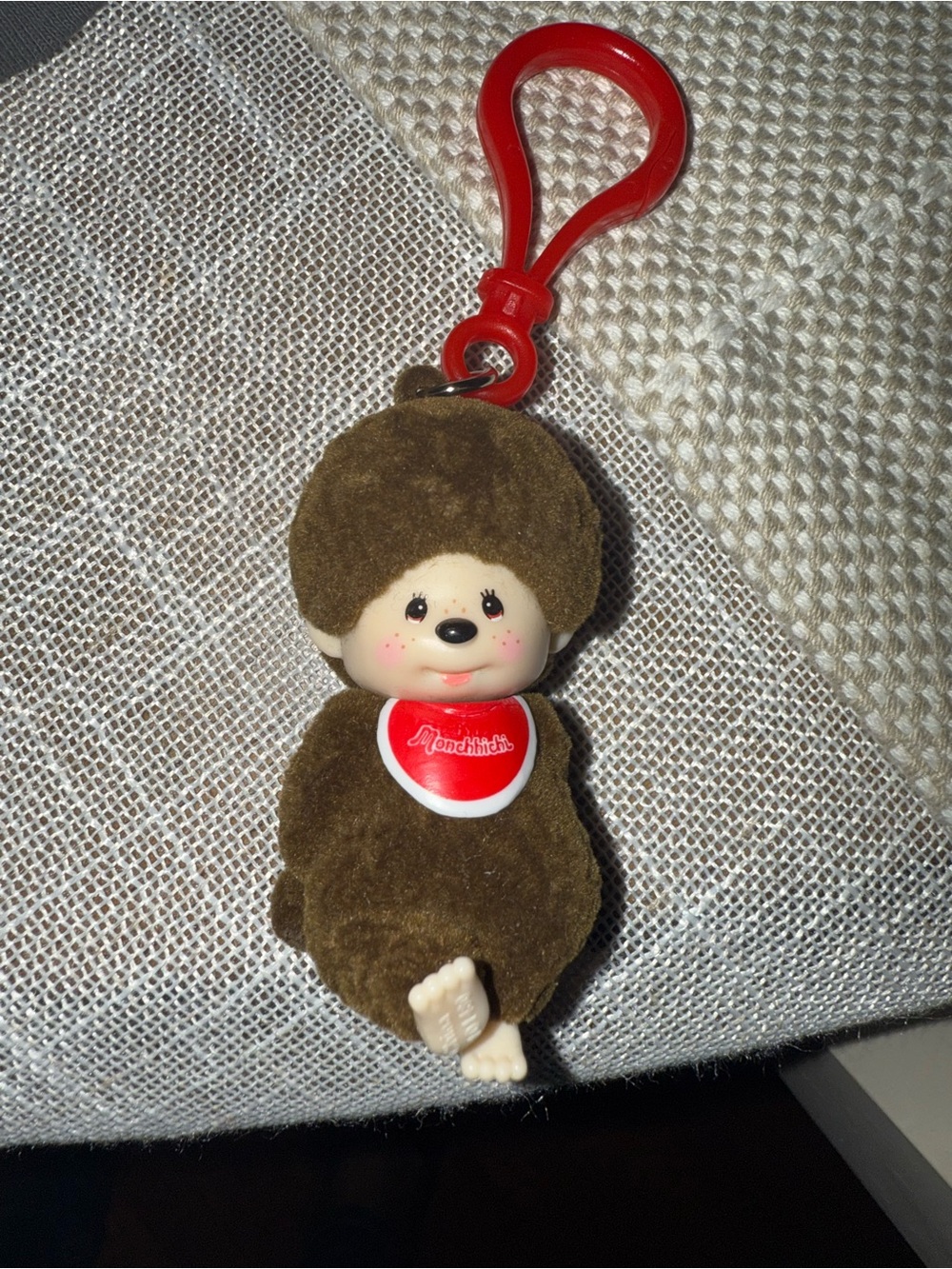 Monchhichi Brown Plush Keychain with Red Clip